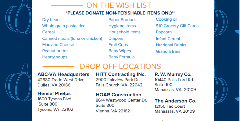 E.E. Reed – EC is helping to support ABC-VA as they partner with Loudoun Hungry Relief to collect non-perishable items ahead of the holiday season to benefit underprivileged families in Loudoun County. We will collect items at our office to be delivered to ABC’s headquarters.