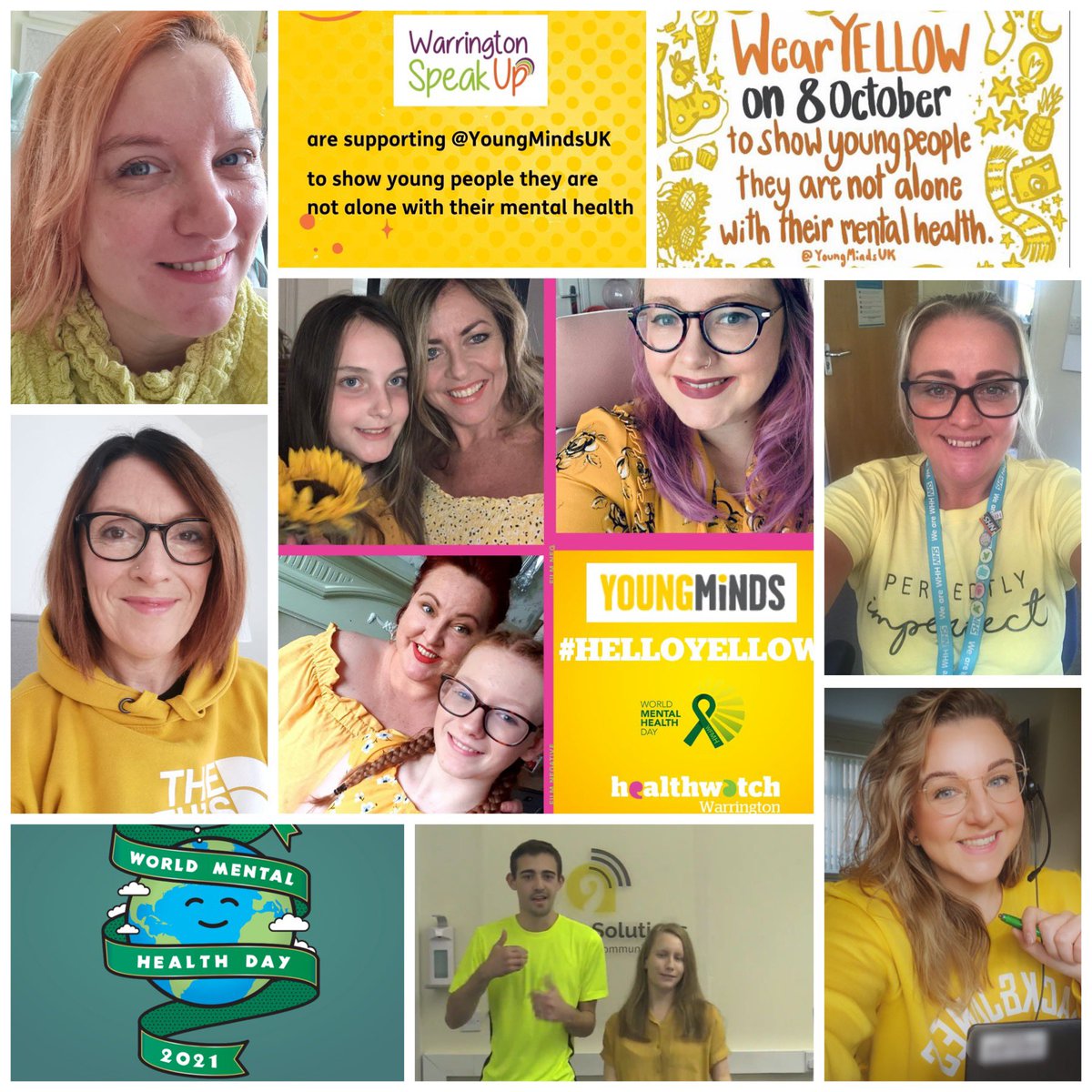 Here’s some of our team and partner agencies supporting #WMHD2021 & @YoungMindsUK 💛 For mental health advice and help check out @Mersey_Care @YoungMindsUK @samaritans @GiveUsAShout @Rethink_ @mentalhealth #Warrington #MentalHealthMatters