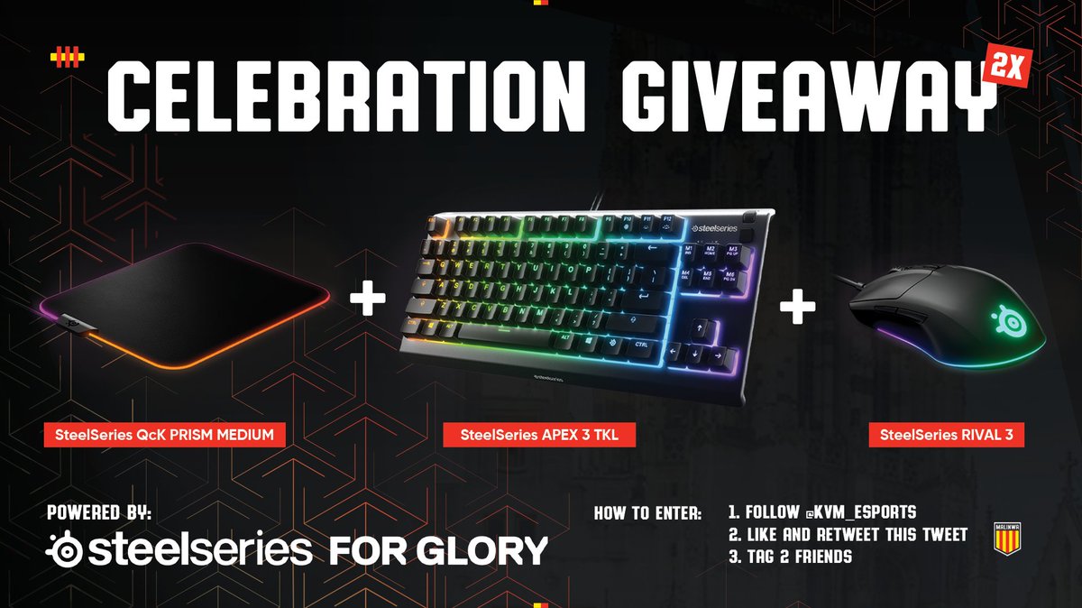 We have teamed up with <a href="/SteelSeries/">SteelSeries</a> to celebrate our #BL2021 Championship!

2 lucky winners will receive a peripheral kit including the brand new Apex 3 TKL!

To enter the giveaway you have to:
1️⃣: Follow <a href="/KVM_Esports/">KVM Esports</a> &amp; <a href="/SteelSeries/">SteelSeries</a> 
2️⃣: Like and Retweet
3️⃣: Tag 2 Friends

🇪🇺Only