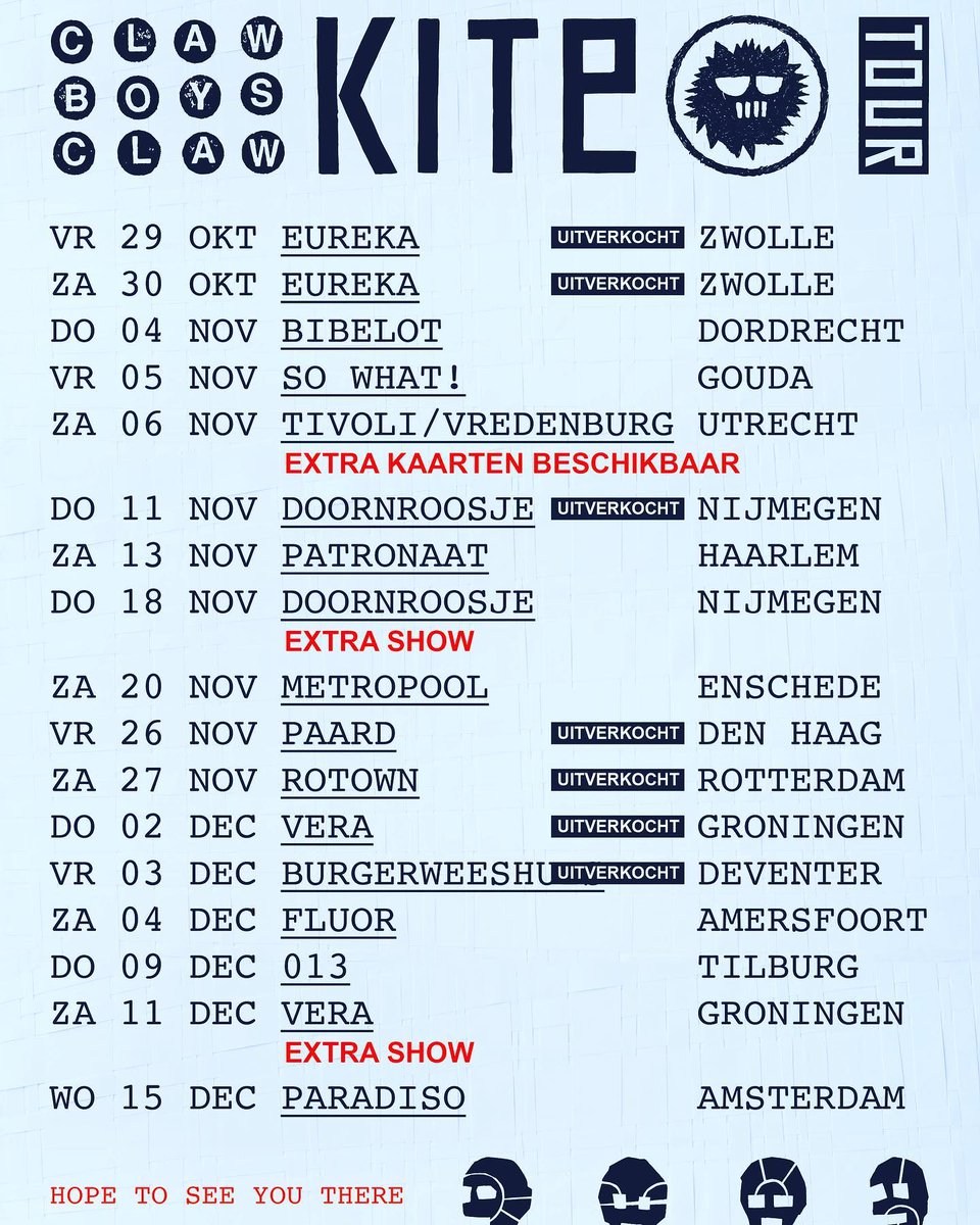 Jeroen Kleijn (@jrnkln) on Twitter photo Wat maken we allemaal mee met z'n allen deze dagen. Nu dit weer: extra optredens met <a href="/ClawBoysClaw/">Claw Boys Claw</a> in <a href="/doornroosjenl/">Doornroosje</a> en @veraclub en in <a href="/TiVre_Utrecht/">TivoliVredenburg</a> verhuizen we van de uitverkochte Pandora naar de (nu dus nog niet uitverkochte) Ronda. Sla je slag. Of zoiets. Wat maken we allemaal mee met z'n allen deze dagen. Nu dit weer: extra optredens met <a href="/ClawBoysClaw/">Claw Boys Claw</a> in <a href="/doornroosjenl/">Doornroosje</a> en @veraclub en in <a href="/TiVre_Utrecht/">TivoliVredenburg</a> verhuizen we van de uitverkochte Pandora naar de (nu dus nog niet uitverkochte) Ronda. Sla je slag. Of zoiets.
