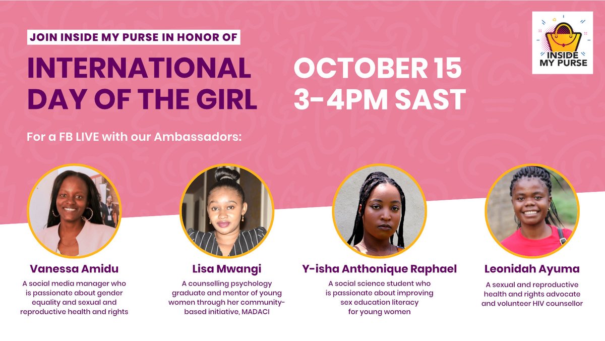 IPMicrobicides's tweet photo. We promised you more info and here it is! 
This Friday, Join Inside My Purse ambassadors @AmiduVanessa, Lisa Mwangi, @msyraphael &amp; @leujonson for a FB live chat about overcoming the digital divide to advance #genderequality.
https://t.co/KipIrdDC43

#WhatGirlsWant #DayoftheGirl https://t.co/eYToCw5kDS