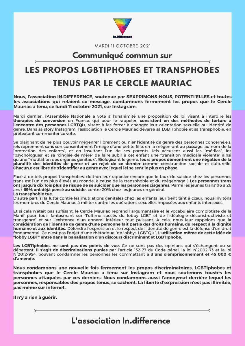 Face aux propos LGBTIphobes, et plus particulièrement transphobes, tenus par le Cercle Mauriac, nous, l'association In.difference, les condamnons fermement. Merci à Sexprimons-nous, @PScpobx et aux associations de <a href="/ScPoBx/">Sciences Po Bordeaux</a> pour leur soutien. 
Notre communiqué 👇