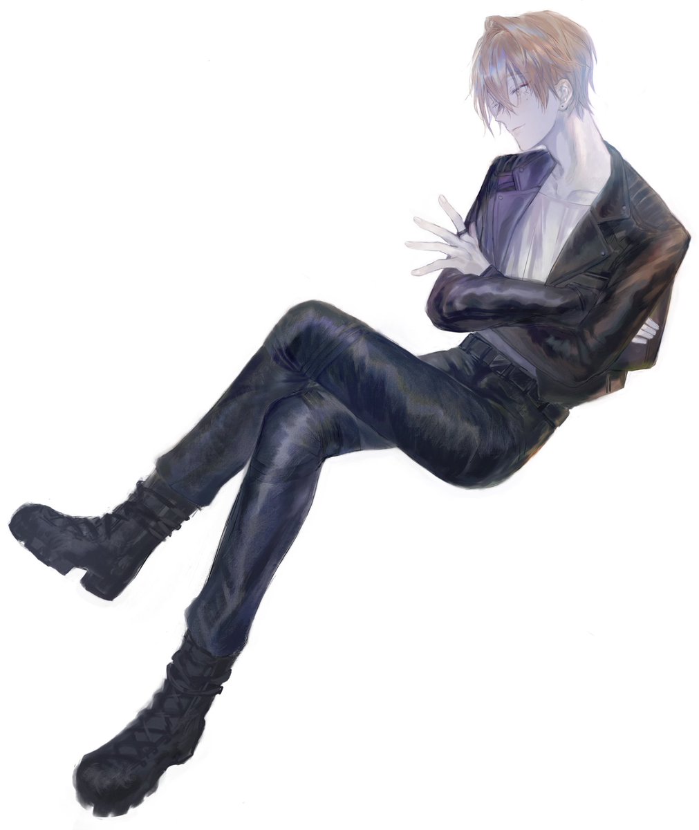 1boy solo male focus jacket leather pants crossed arms  illustration images