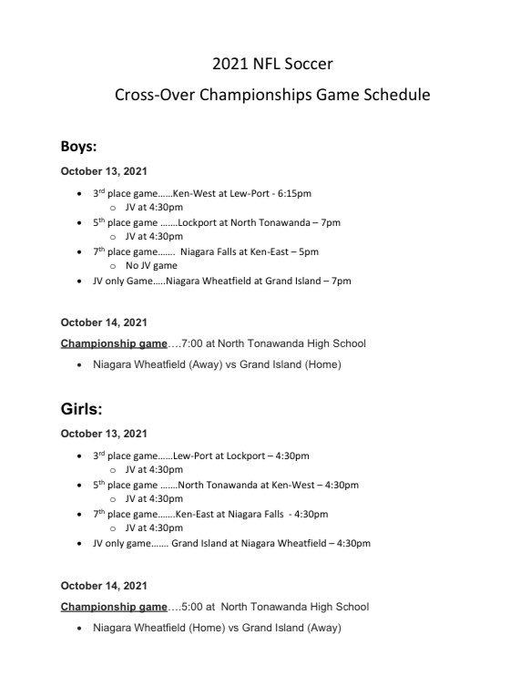 Here are the match ups and start times for this weeks <a href="/NiagaraLeague/">Niagara Frontier League</a> Boys and Girls Crossover Soccer Games ⚽️