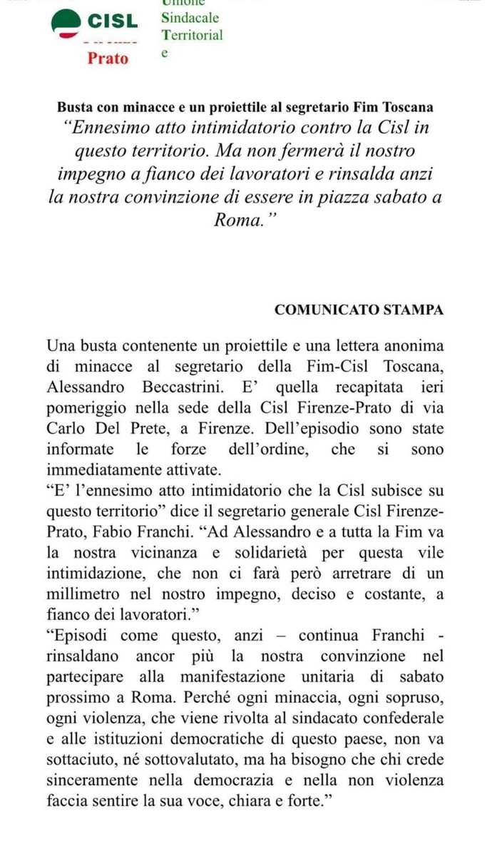 pieronic's tweet photo. Solidarietà ad Alessandro Beccastrini della #FimCislToscana per le minacce ricevute. Solidarietà da tutta la @FimSicilia. @FimCatania @FimCislPaTp #FimRagusaSiracusa #FimMessina #FimAgEnCl https://t.co/dSWKhjOdZs