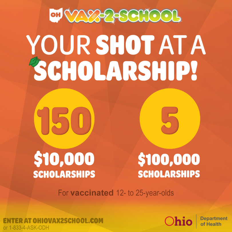 GovMikeDeWine's tweet photo. There’s a total of $2 million in scholarships that Ohioans 12-25 can win, just for being vaccinated against #COVID19! Vaccinated young people can enter the #OhioVax2School drawing here: https://t.co/VozVnYBumz https://t.co/cMwlEVNVGj