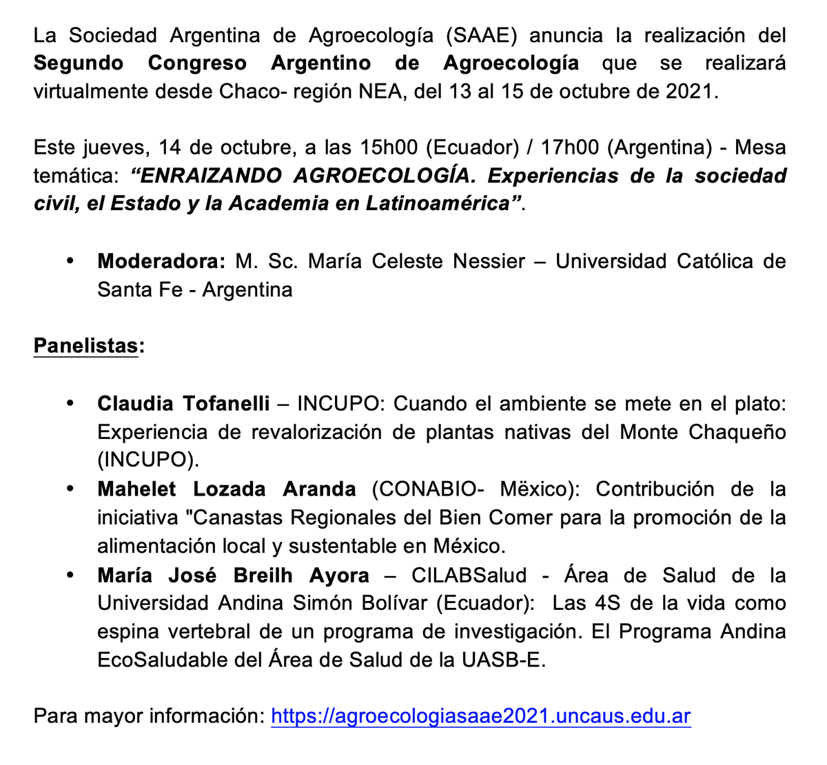 jaimebreilh's tweet photo. 👁‍🗨 JUEVES, 14 de octubre, 15h00 ▶️ Mesa: “ENRAIZANDO AGROECOLOGÍA. Experiencias de la sociedad civil, el Estado y la Academia en Latinoamérica”*⃣Segundo Congreso Argentino de Agroecología ▶️ Panelista, @mjbreilh, coordinadora de investigación del #CILABSalud de la @uasbecuador. https://t.co/BAjkBrpJel