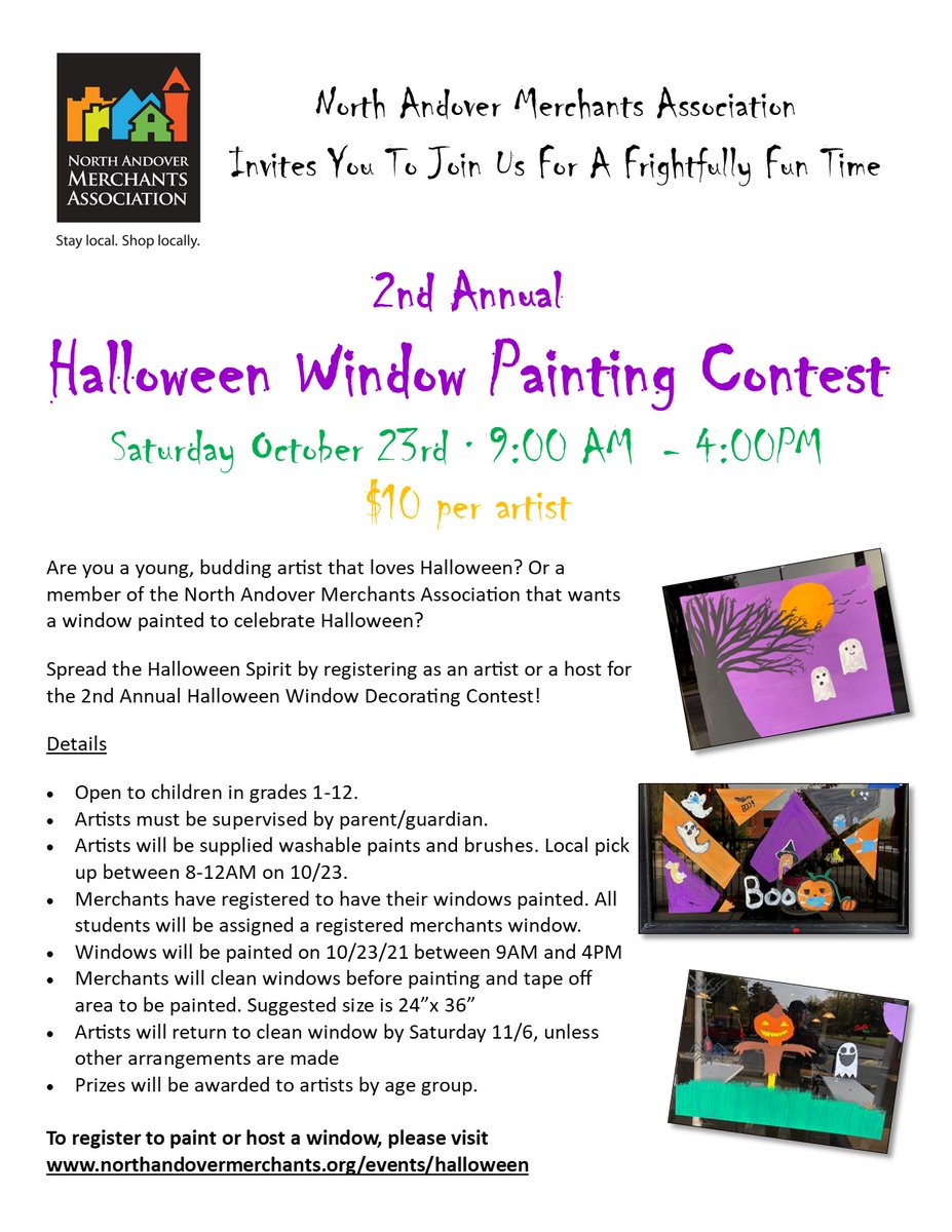 Calling all young artists! Join us to spread some Halloween spirit by painting a NA Merchants window! Register today at northandovermerchants.org/events/Hallowe… for a frightfully fun day!