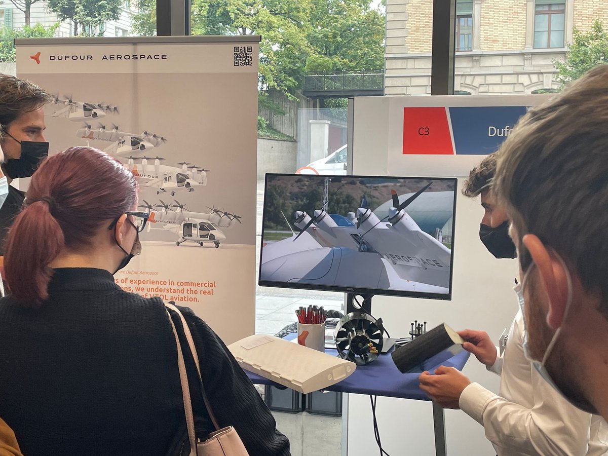DufourAero's tweet photo. Perfect first day for @DufourAero  at @ETH AMIV Kontakt.21. Many students interested in tiltwing design and associated vision of sustainable aviation. For those who missed the chance - we'll still be there tomorrow!

#eth #AMIV #innovation #mavt #vtol #drones #aerospace #students https://t.co/aifzodwZve