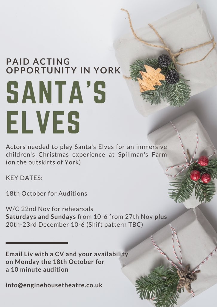 Engine_House's tweet image. 📣 PAID ACTING OPPORTUNITY 📣

Our creative director, Matt Aston, is looking for actors to play Santa's Elves in an immersive Christmas experience at Spillman’s Farm near Thirsk. Auditions are to be held on Monday the 18th via Zoom - send over your CV for a chance to audition!