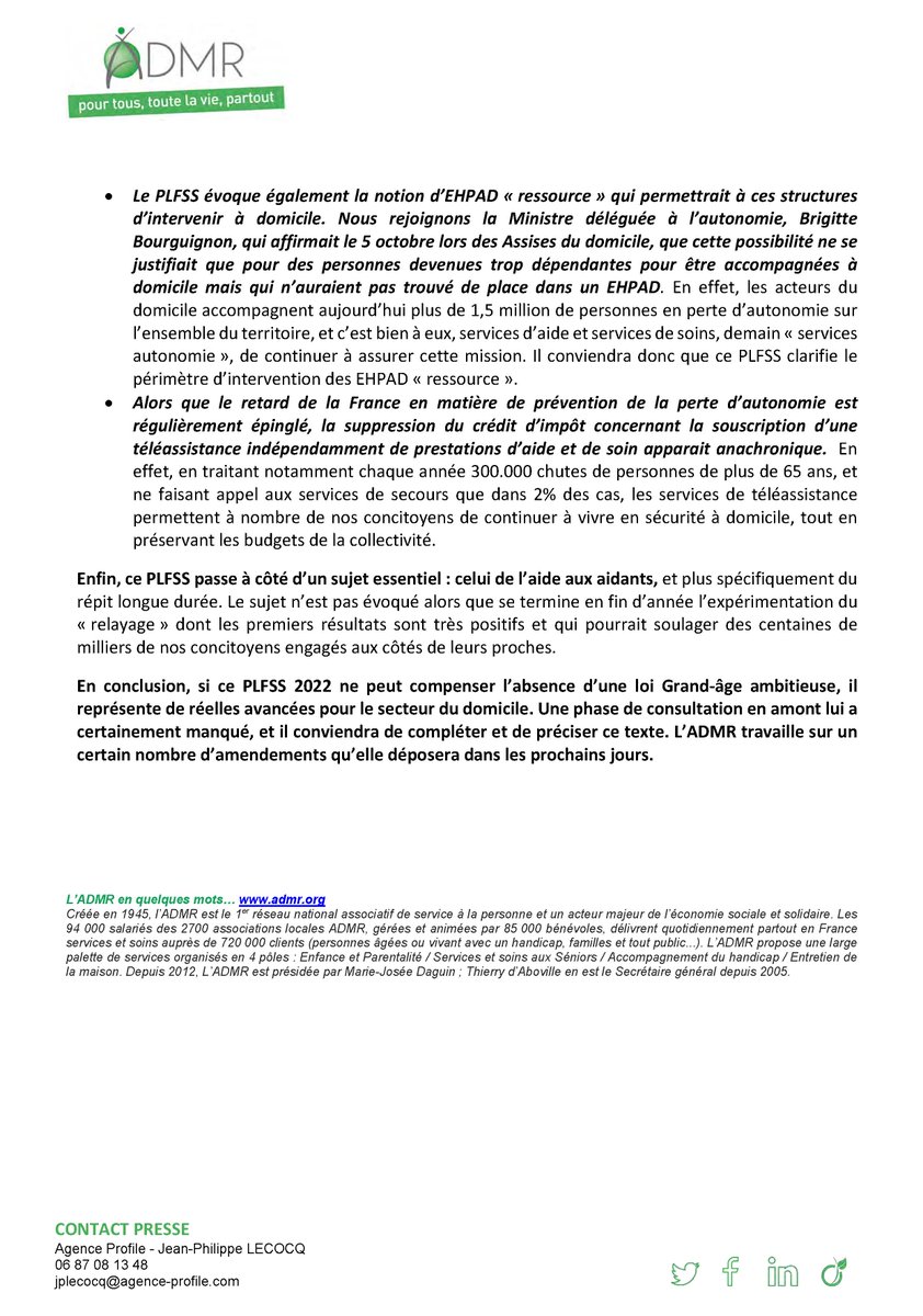 📢[Communiqué] Le #PLFSS 2022 comporte des avancées très significatives. Cependant l’ #ADMR regrette qu’une loi #GrandÂge ambitieuse ne soit plus à l’ordre du jour de ce quinquennat, alors qu’elle en avait été annoncée comme le « marqueur social ».
➡️bit.ly/PLFSS2022-ADMR