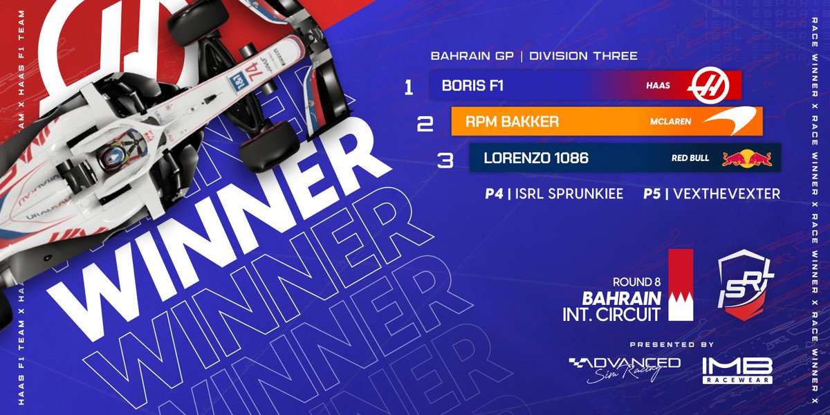 isrlesports's tweet photo. What a hot weekend ! 🔥🥵
Breathtaking races across all four divisions where hot talents showed themselves successful 🤩
Here are your Round 8 Bahrain Grand Prix race winners 🥇🇧🇭 👇
#isrlesports #f1 #f12021 #bahgp #leagueracing https://t.co/1cw8cAYrJT