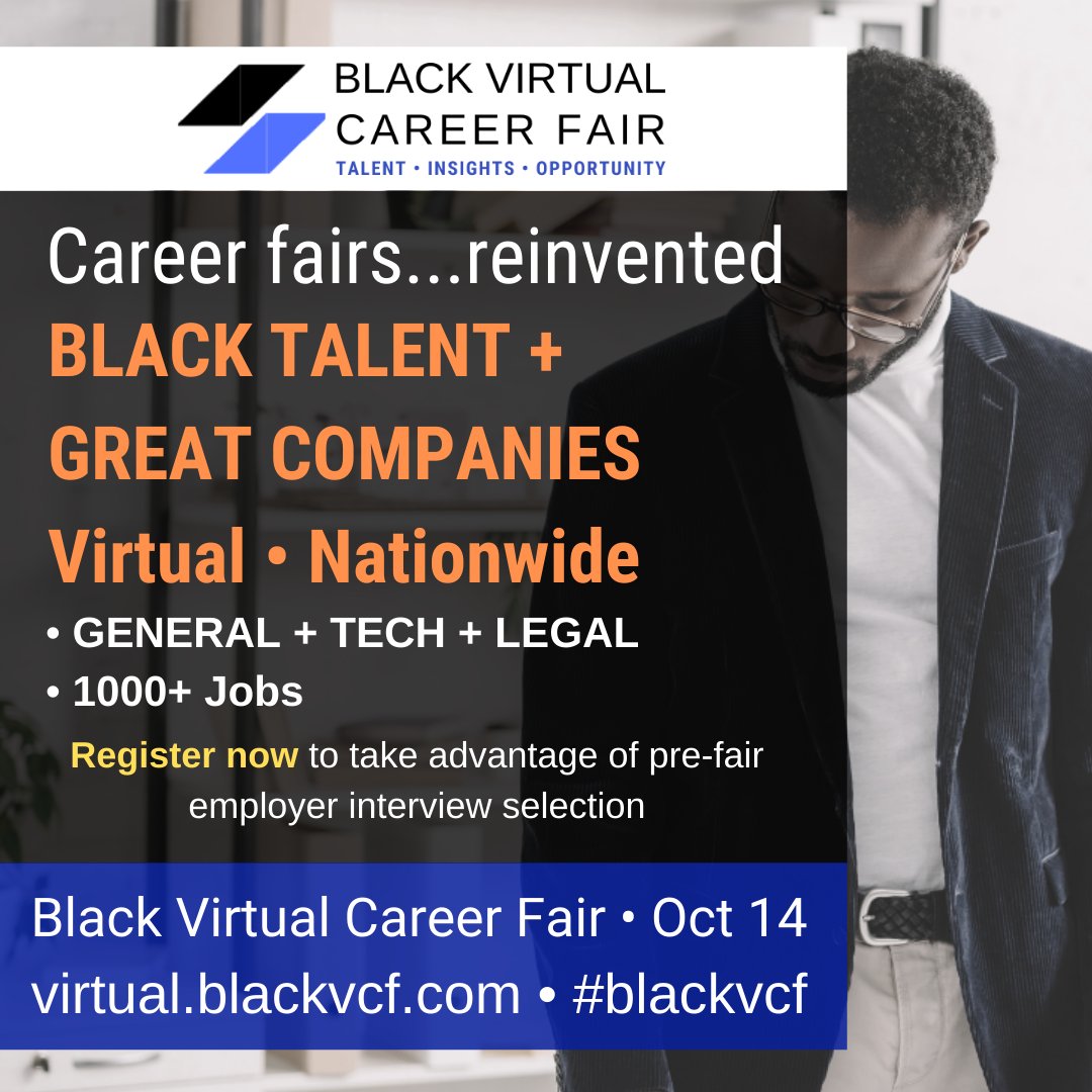 NSBEPhilly's tweet photo. Black Virtual Career Fair - ALL INDUSTRIES + #TECH + #LEGAL | Oct 14 | Employers Seek #BlackProfessionals. 23 companies, 1,000+ jobs nationwide. - https://t.co/Nkg5QGFJw9
#blackvcf #diversityintech #employment #BlackTechTwitter https://t.co/PNSLb4MafJ