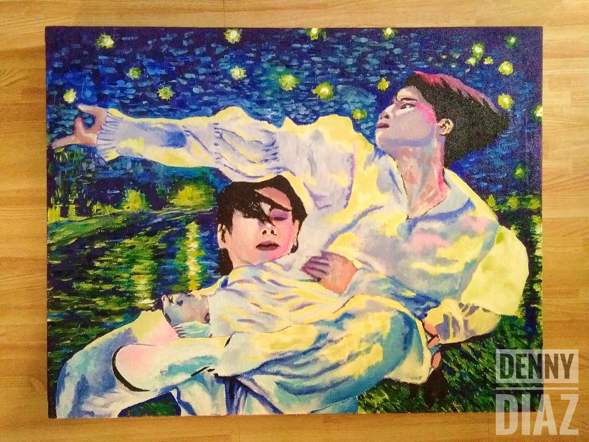 filterpjm_'s tweet photo. @bts_bighit Sharing my Painting of Jikook since it's PJM bdayyyy! 

Starry Night Over the Rhone x Jikook 
21" x 16.5" 
Acrylic on Canvas https://t.co/8y5oJwPwIp