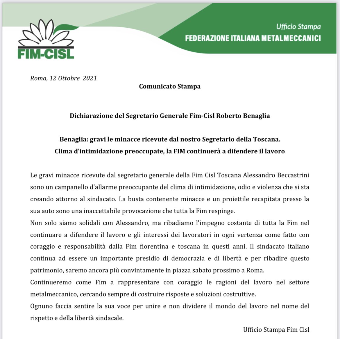 FIMCislStampa's tweet photo. 🔴 #Benaglia #FIM CISL 👉gravi le minacce ricevute dal nostro Segretario della Toscana Alessandro #Beccastrini. Sono un campanello d’allarme preoccupante del clima d’intimidazione, odio e violenza che si sta creando intorno al sindacato. https://t.co/x5E0Cxb9cq