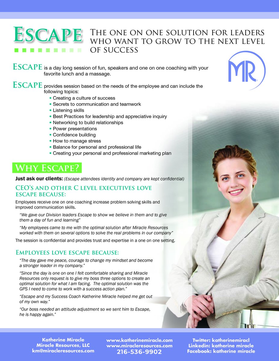 katherinemiracl's tweet photo. Boss's Day is coming up, give the gift of success with Escape, the Miracle Resources training that creates a culture of success!  #MiracleResources #BrandTeamRevenueTraining #MeetingPlanner #ConventionPlanner #KeynoteSpeaker #CommunicationConcierge #BeInquisitive #HumanResources https://t.co/SAYPTfMZ08