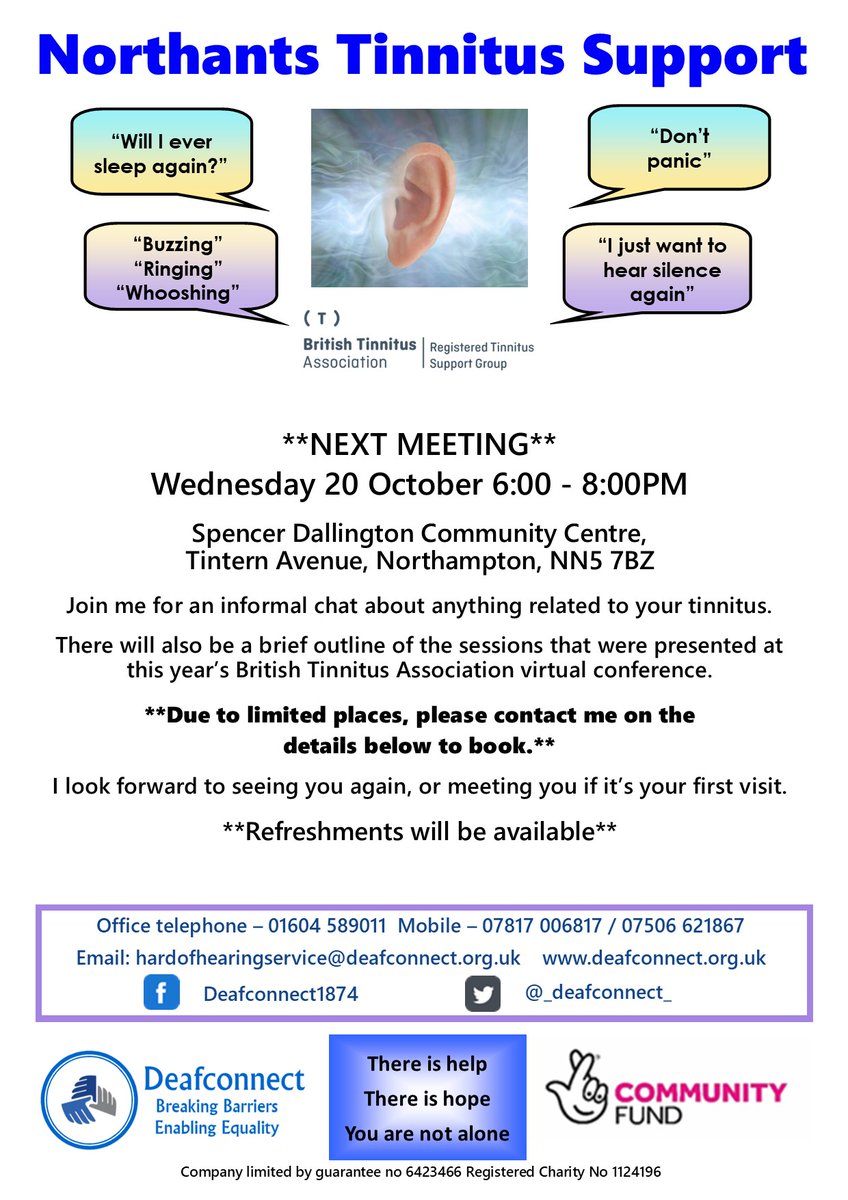 _deafconnect_'s tweet photo. NORTHANTS TINNITUS SUPPORT - *****next meeting Wednesday 20 October, 6-8PM. See poster for details. #tinnitus https://t.co/15KcIuGfPe