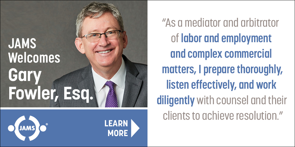Please join us in welcoming Gary Fowler, Esq. to our panel of mediators and arbitrators in Dallas, TX! 

Full Press Release: jamsadr.com/news/2021/gary…

#ADR #DisputeResolution #Mediation #Arbitration #EmploymentLaw