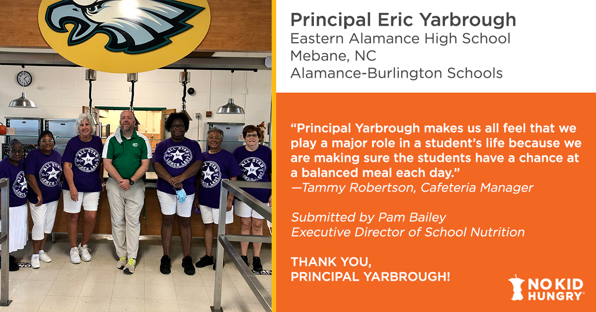 No Kid Hungry NC (@nokidhungrync) on Twitter photo This #PrincipalMonth, we're taking time to #ThankAPrincipal who is helping make sure students have the nutrition they need to succeed.
Today: Principal Eric Yarbrough of <a href="/eah_eagles/">Eastern Alamance HS</a> in <a href="/ABSSPublic/">Alamance-Burlington School System</a>! Thank you for supporting <a href="/ABSSCNAlamance/">ABSS Child Nutrition</a> and the kids in your community! This #PrincipalMonth, we're taking time to #ThankAPrincipal who is helping make sure students have the nutrition they need to succeed.
Today: Principal Eric Yarbrough of <a href="/eah_eagles/">Eastern Alamance HS</a> in <a href="/ABSSPublic/">Alamance-Burlington School System</a>! Thank you for supporting <a href="/ABSSCNAlamance/">ABSS Child Nutrition</a> and the kids in your community!