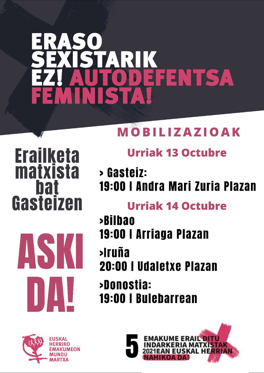 emakumemartxa's tweet photo. 🚨 Otra mujer asesinada en Euskal Herria. Ya son 5 ¡ESTAMOS HARTAS!

📢 Asimismo,  queremos denunciar la muerte de tres migrantes atropellados por el tren en Ziburu al intentar cruzar la frontera de Euskal Herria,

#ErasorikEzErantzunikGabe
#autodefensafeminista https://t.co/gXvjW1wsB6