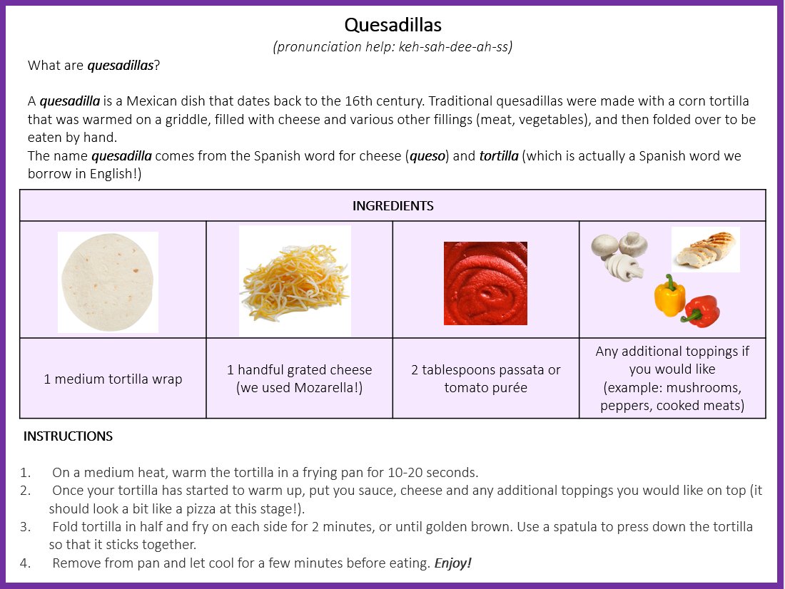 We loved learning about the origins of quesadillas and preparing some ourselves this afternoon during our 'Trinity Kitchen' Involve club!

Here is the recipe if you'd like to prepare them for your friends and family at home.🧑‍🍳🇲🇽