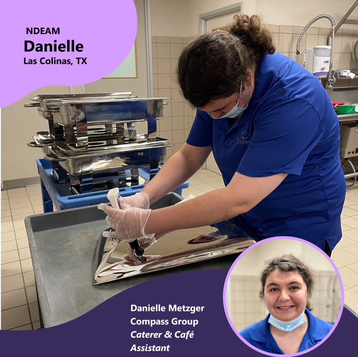 CREMicrosoft's tweet photo. Meet Danielle Metzger, a caterer and café assistant for Compass Group in Las Colinas. Danielle brings a strong work ethic and positive attitude to her team each day. #CREMicrosoftNDEAM2021 #MicrosoftREF  #NDEAM https://t.co/hw7MscZhln