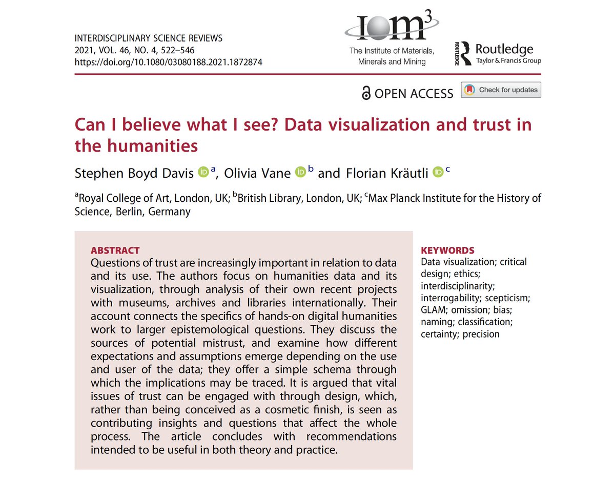 Our article "Can I believe what I see? Data visualization and trust in the humanities" is out in Interdisciplinary Science Reviews. It is Open Access.
<a href="/OliviaFVane/">Olivia Vane</a> <a href="/fkraeutli/">Florian Kräutli</a> <a href="/mariokun/">凌央 家本</a> 
chronographics.blogspot.com/2021/10/can-i-…