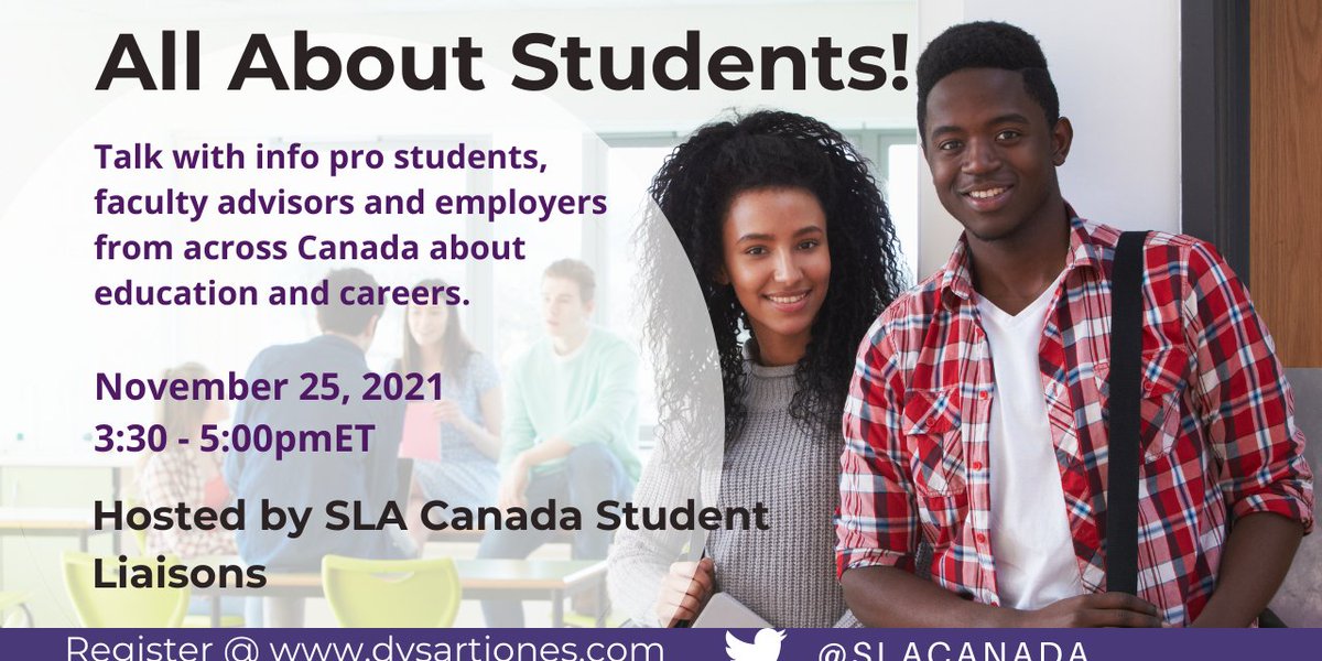 SLACanada's tweet photo. Please join us for a live group chat all about students! 

https://t.co/IUyVkyhk7Z

Thursday November 25, 2021 @ 3:30-5:00pmET Hosted by SLACanada Student Liaisons

Hosted by Craig Wingrove and  Stephen Abram, Consultant! https://t.co/ONt9Tf8cM8