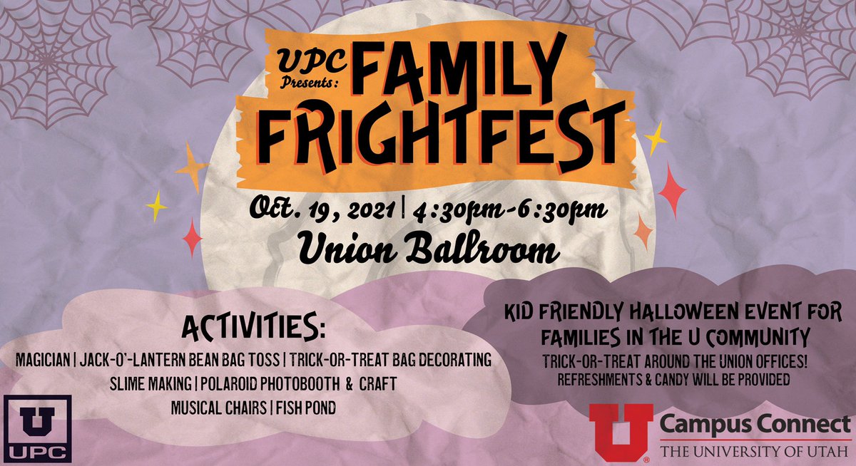 upcuofu's tweet photo. Join us next Tuesday, October 19, for UPC’s Family Frightfest! From 4:30-6:30pm in the Union Ballroom, we will have trick-or-treating, refreshments, musical chairs, and many more activities for families in the U community! https://t.co/YHgiuB9W8M