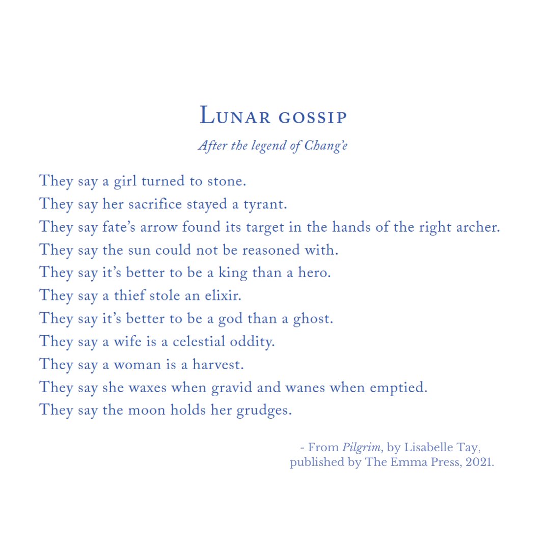 TheEmmaPress's tweet photo. 'Lunar Gossip' from Lisabelle Tay's wonderful PILGRIM. 
🎟️ Join @LisabelleTay &amp; @juliamarybird to discuss their poetry pamphlets on The Emma Press Instagram Live at Thursday 14th October, 12pm UK time/ 7pm Singapore time.
📖 Books: https://t.co/KBhsOlbkT8
https://t.co/hNKC7iT58O https://t.co/bDMm9Nx02C