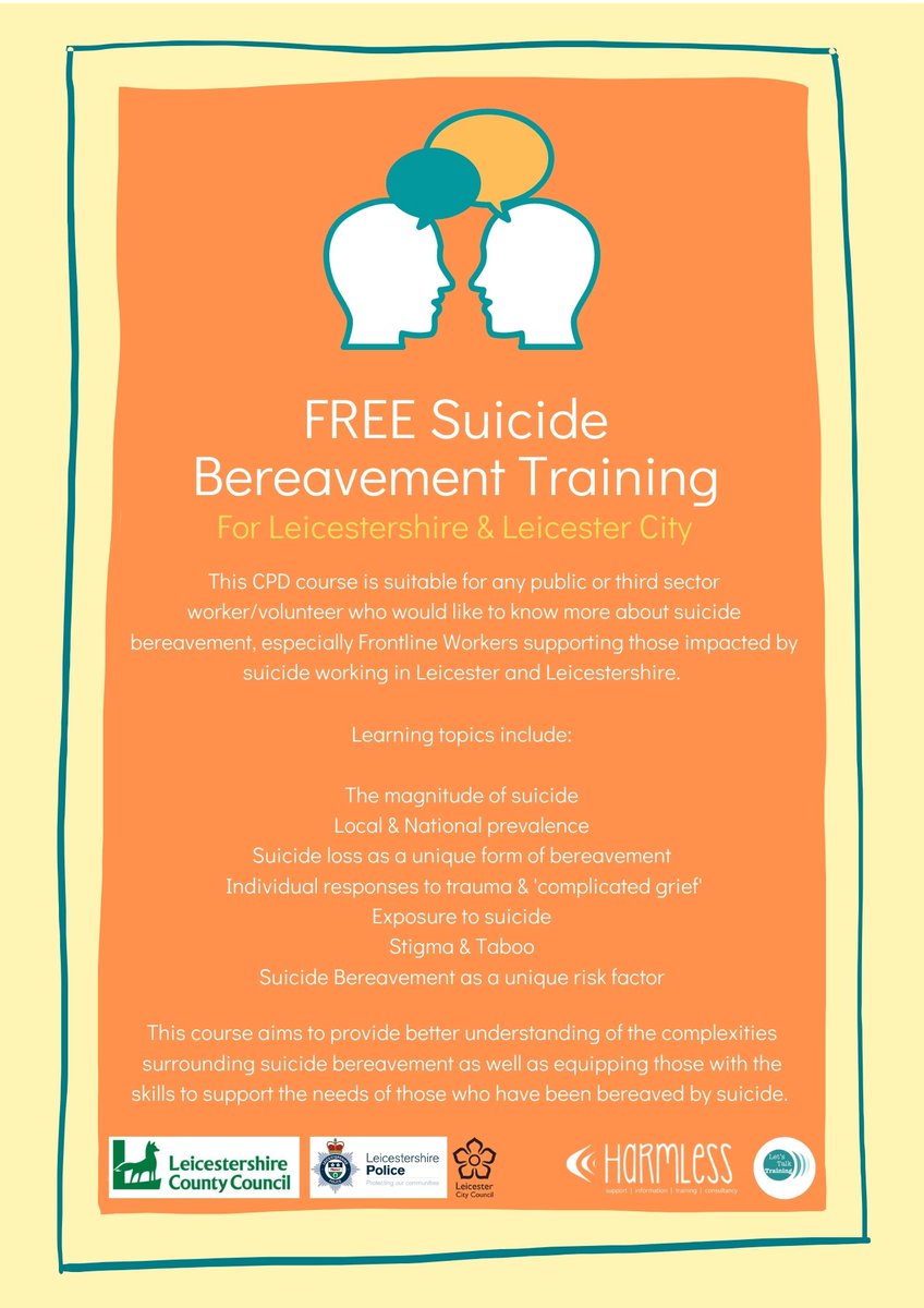 HarmlessAcademy's tweet image. NEW DATES‼️ Pleased to announce we have more dates for our #free
🎗️Suicide Bereavement training
for workers in #Leicester #Leicestershire 
Want to gain knowledge, confidence &amp;amp;skill caring for those affected by suicide? Join us on 12 Nov, 9-1 🔜 eventbrite.co.uk/e/177936903067 
#PleaseRT