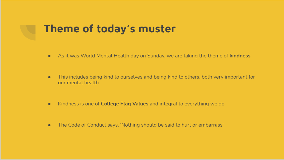 PangbourneColl's tweet photo. This morning, in response to #WorldMentalHealthDay on Sunday, our Musters (House Assemblies) focused on the theme of being kind. 

They each sent a very clear and thought-provoking message which our pupils thoroughly engaged with. #PangCollKindness #PangCollDivActivity https://t.co/W9WmVBM2q9