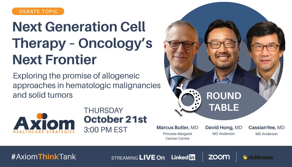 axiomhcs's tweet photo. Cell Therapy is revolutionizing the oncology landscape, with important recent technological and clinical advances in allogenic CAR-T. Join us to learn from experts in this field. #AxiomThinkTank @DavidHongMD @tcellsrus 

Register below!
https://t.co/hWp5NIpJJ7 https://t.co/AH80Tkcam5