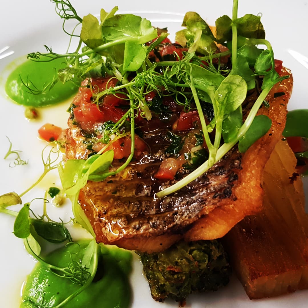 Red Mullet, Pommes Anna, Menage a Pois &amp; Sauce Vierge. Happy with this one! #fishandchips #peas #chef