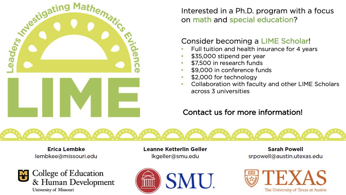 sarahpowellphd's tweet photo. Have you ever thought about doing a Ph.D. program? Do you want to focus on #math and #specialed? Come be a LIME Scholar. Study at @utexascoe, @RME_SMU, or @SpedMizzou! Full funding and amazing collaboration opportunities! @EricaLembke @KetterlinGeller Please RT! https://t.co/HO0YyGwMPV