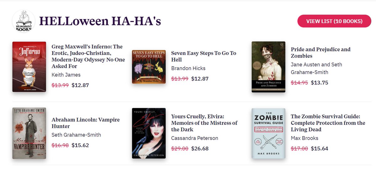Thanks, @Bookshop_Org, for featuring our HELLoween HA-HA's list on your homepage all this week! Featuring books by @k3ithjam3s, <a href="/BrandonRhicks/">Brandon Hicks</a>, <a href="/sethgs/">Seth Grahame-Smith</a>, @TheRealElvira, <a href="/maxbrooksauthor/">Max Brooks</a>, <a href="/KdeVosAuthor/">Kelly deVos</a>, @kathyflann, and more!

Support local bookstores: bookshop.org/lists/hellowee…