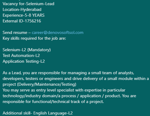 denovosoftsol's tweet photo. #denovojobs #denovo
Vacancy for-Selenium-Lead
Location-Hyderabad
Experience-5-8 YEAR
External ID-1756216

Send resume – career@denovosoftsol.com
#selenium #SOAtesting #groovyscripting #dataanalyst #developer #testengineer #seleniumjobs #dataanalyst #developer #testengineer https://t.co/pTAiiw7hEk