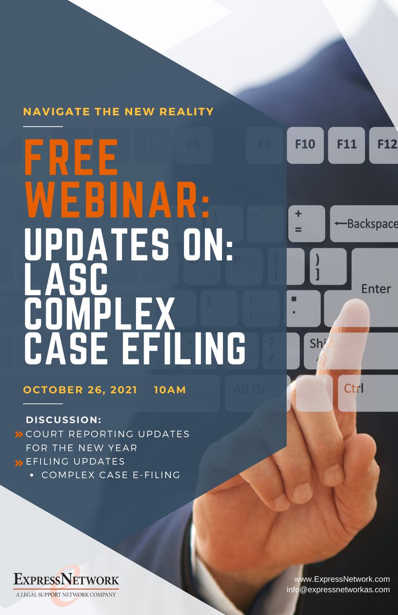 ExpressNetwork5's tweet image. Hello Everyone!
We are hosting a free webinar on updates with LASC and Complex e-filing 
To register please see the link below:
attendee.gotowebinar.com/regi.../730893…
#webinar #courts #losangeles #filing #court #courtupdates #expressnetwork #discussion #updates #video #october #free #cali