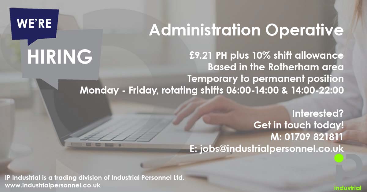 We are looking for an Administration Operative to work for our Rotherham based client.

Apply online now; 
industrialpersonnel.co.uk/job/administra…
Give us a call for more info: 01709 821811
Register with Industrial Personnel online: industrialpersonnel.co.uk