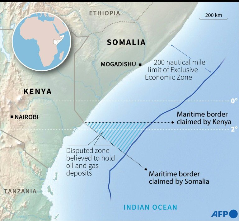 ICJ sets Kenya-Somalia maritime border at midpoint the disputed triangle starting at 114 degree spherical coordinate.