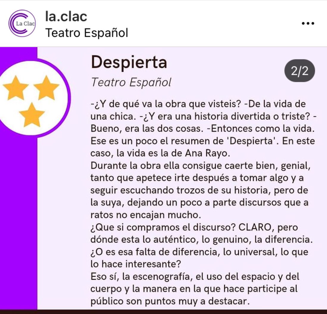 LaClacTeatro's tweet photo. La Clac ACTUALIDAD,
“Despierta” ⭐️⭐️⭐️ @TeatroEspanol @barcopirataorg Un texto desgarrador, divertido y comprometido #NataliaMenendez (la directora) dixit. Un paseo por la vida y el talento de #AnaRayo sus miedos, la superación, la doble moral, su madre … no es solo un monólogo. https://t.co/x3dbKvK6BE