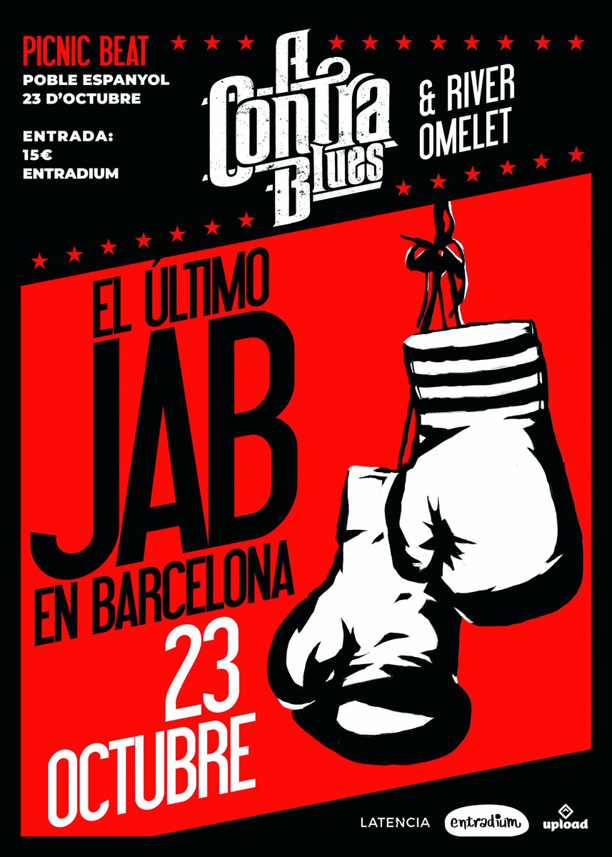 A Contra Blues (@acontrablues) on Twitter photo ¿Listos para el último Jab en Barcelona?
Nos vemos en el Picnic Beat este 23 de octubre.
Entradas: cutt.ly/uW40ABB
Os esperamos junto a nuestros compañeros de <a href="/RiverOmelet/">River Omelet</a> para hacer que el Pueblo Español tiemble. ¡No os lo perdáis! ¿Listos para el último Jab en Barcelona?
Nos vemos en el Picnic Beat este 23 de octubre.
Entradas: cutt.ly/uW40ABB
Os esperamos junto a nuestros compañeros de <a href="/RiverOmelet/">River Omelet</a> para hacer que el Pueblo Español tiemble. ¡No os lo perdáis!