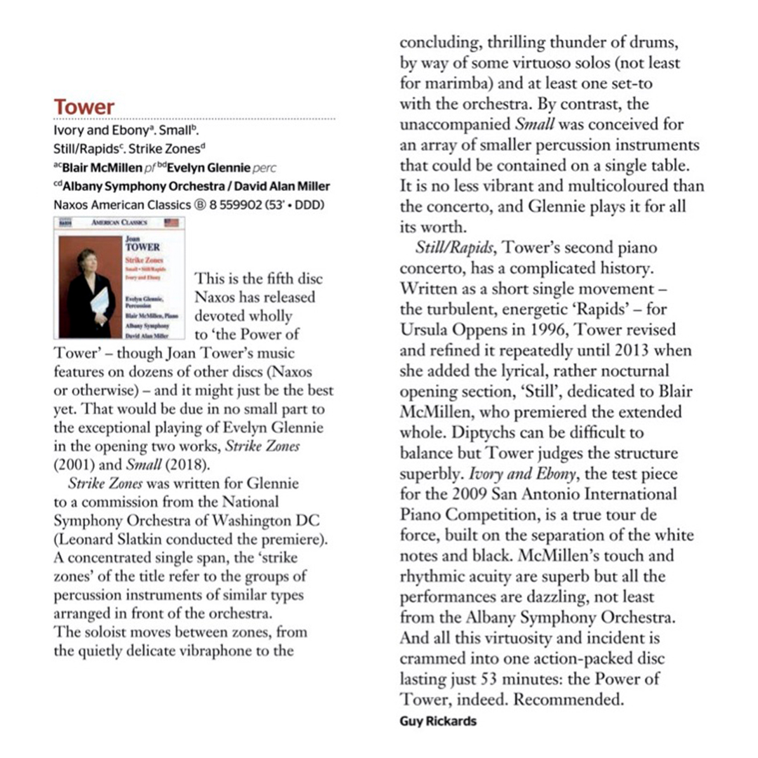Discover <a href="/GramophoneMag/">Gramophone</a>'s review of recent Naxos release, Joan Tower's Strike Zones, featuring the <a href="/albanysym/">Albany Symphony</a>, <a href="/DameEvelyn/">Evelyn Glennie</a>, and more. Listen to the album, available now on streaming and digital platforms.

Read more: bit.ly/3hsjlbL
Listen now: Naxos.lnk.to/StrikeZonesTW