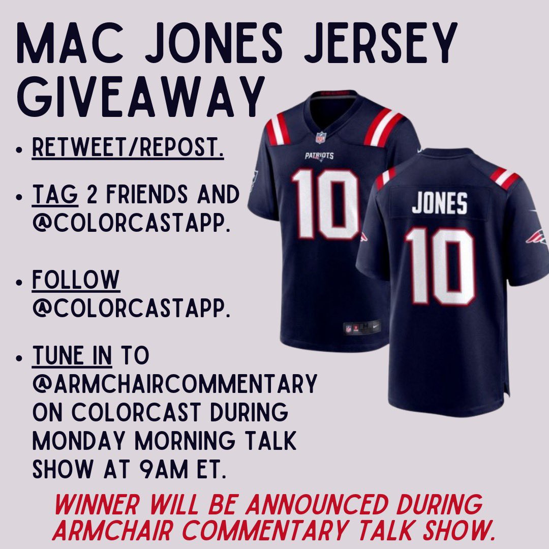 Giveaway time! Im giving away a <a href="/MacJones_10/">Mac Jones</a> jersey this coming Monday during my morning show on the <a href="/Colorcastapp/">Colorcast</a> (thank you so much for the support!) Instructions are 
1. Follow <a href="/Colorcastapp/">Colorcast</a> 
2.RT+Like
3. Tag 2 friends in the comments 
Accepting entries until the end of SNF