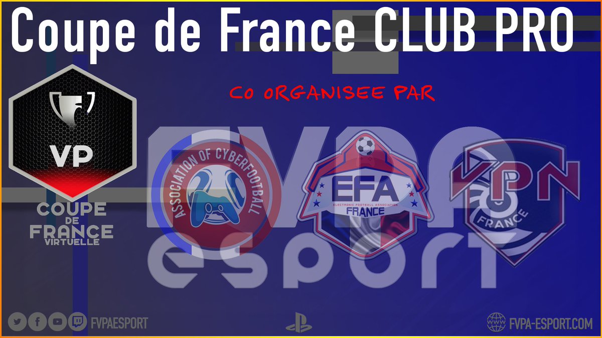🏆Coupe de France Club Pro 
Co-organisée entre <a href="/LigueAcf/">ACF France 🇫🇷</a> @EfaOffficiel @VPNPS4Officiel et #FVPAPS4 
il reste actuellement 7 places sur les 128 possible.
Cette compétition est bien sur ouverte aux autres site, le tout est de pouvoir justifier son effectif 
MP pour les ❓