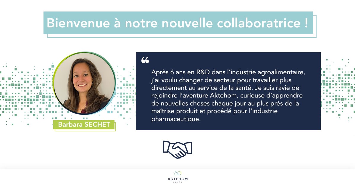 aktehom's tweet photo. Bienvenue à Barbara !

Elle arrive avec une belle expérience dans le développement de procédés chez Danone Waters. La diversité des personnalités, parcours et expériences dans nos #recrutements est un atout indispensable chez Aktehom ! 

Nous souhaitons la bienvenue ! https://t.co/0tbgSAQfOL