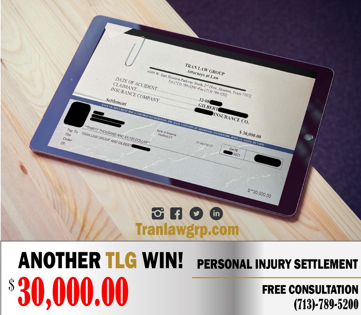tranlawgrp's tweet image. 🎉Congratulations!✨#clientcheck #clientsettlement #settlementcheck 
Our happy client gets a check today. 
We are here to ease the process for you. 
Call us today at 📞713-789-5200.
#weareheretohelpyou #weareyourlegalteam #tranlawgroup #tlg #personalinjurylaw
