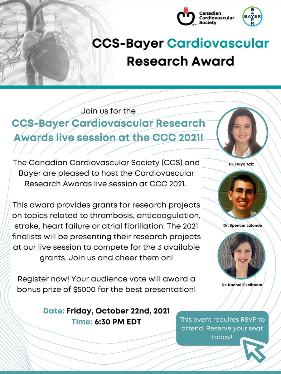 HUGE congratulations to our budding surgeon-scientist @EikelboomRachel!

She was selected as a finalist for the CCS-Bayer Cardiovascular Research Award! 

She will be presenting next Friday at the Canadian Cardiovascular Congress 2021

<a href="/SCC_CCS/">CCS</a> <a href="/cscs_sccc/">CSCS</a> <a href="/SCC_CCS_Trainee/">CCS Trainee Committee</a> <a href="/Bayer/">Bayer AG</a>