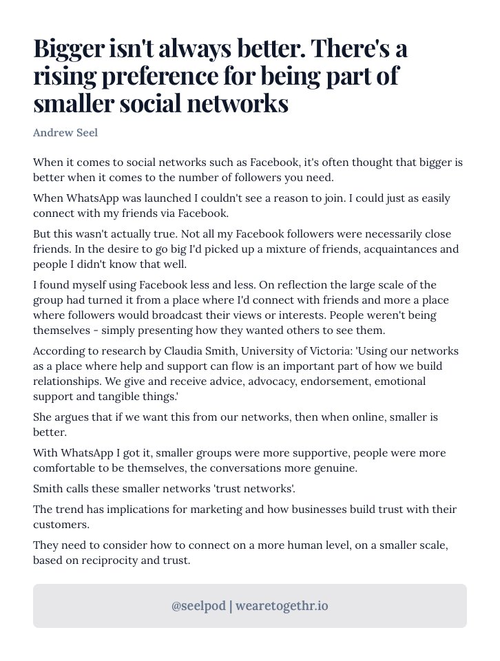Bigger isn't always better. There's a rising preference for being part of smaller social networks where there are higher levels of trust. This has big implications for marketing and brands trying to reach customers. #socialmediamarketing #trust #localism #localsocial