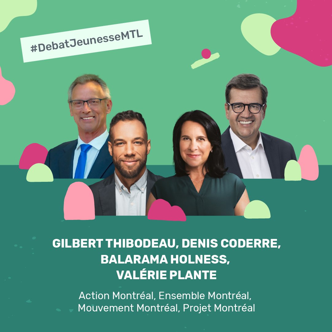 Forum Jeunesse de l'Île Montréal (@_fjim_) on Twitter photo Dans moins d'une heure, les personnes candidates à la mairie de Montréal vont s'exprimer sur les enjeux jeunesse au #debatjeunesseMTL
#logement #mobilite #placedesjeunes #environnement #inclusion
<a href="/cjmtl/">Conseil jeunesse de Montréal</a> <a href="/forcejeunesse/">Force Jeunesse</a> <a href="/CimMtl/">Conseil interculturel de Montréal</a> <a href="/FAECUM/">FAÉCUM</a> <a href="/MAtv_MTL/">MAtv Montréal</a> <a href="/UMontreal/">Université de Montréal</a> Dans moins d'une heure, les personnes candidates à la mairie de Montréal vont s'exprimer sur les enjeux jeunesse au #debatjeunesseMTL
#logement #mobilite #placedesjeunes #environnement #inclusion
<a href="/cjmtl/">Conseil jeunesse de Montréal</a> <a href="/forcejeunesse/">Force Jeunesse</a> <a href="/CimMtl/">Conseil interculturel de Montréal</a> <a href="/FAECUM/">FAÉCUM</a> <a href="/MAtv_MTL/">MAtv Montréal</a> <a href="/UMontreal/">Université de Montréal</a>